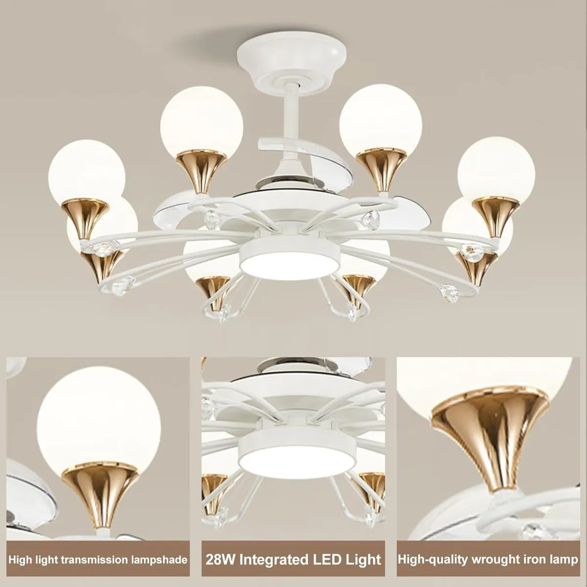 Chandelier with Fan Modern: 8 Lights Milky Globe - Image 2