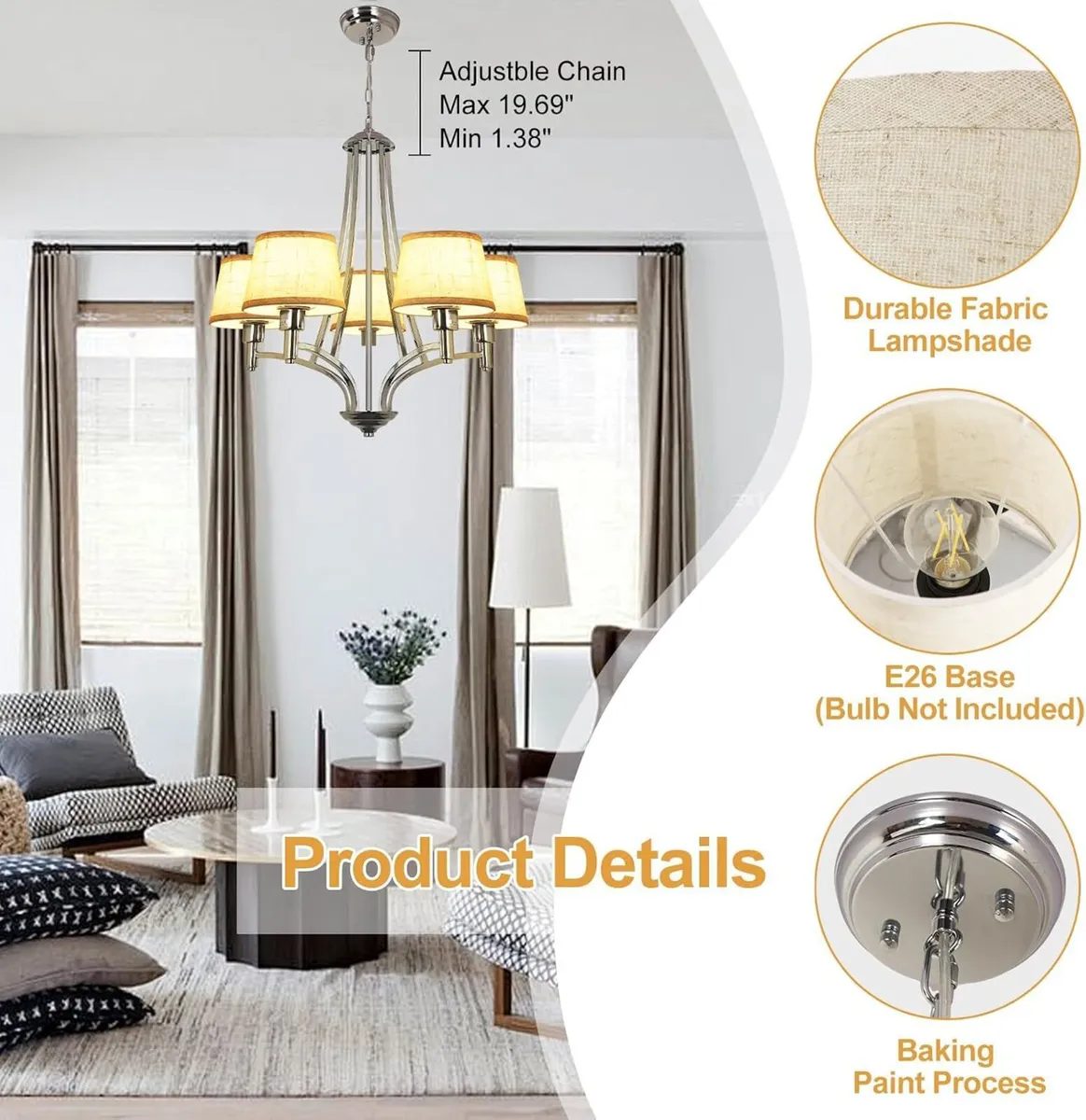 5-Light Brushed Nickel Chandelier with Shade 26" - Image 2