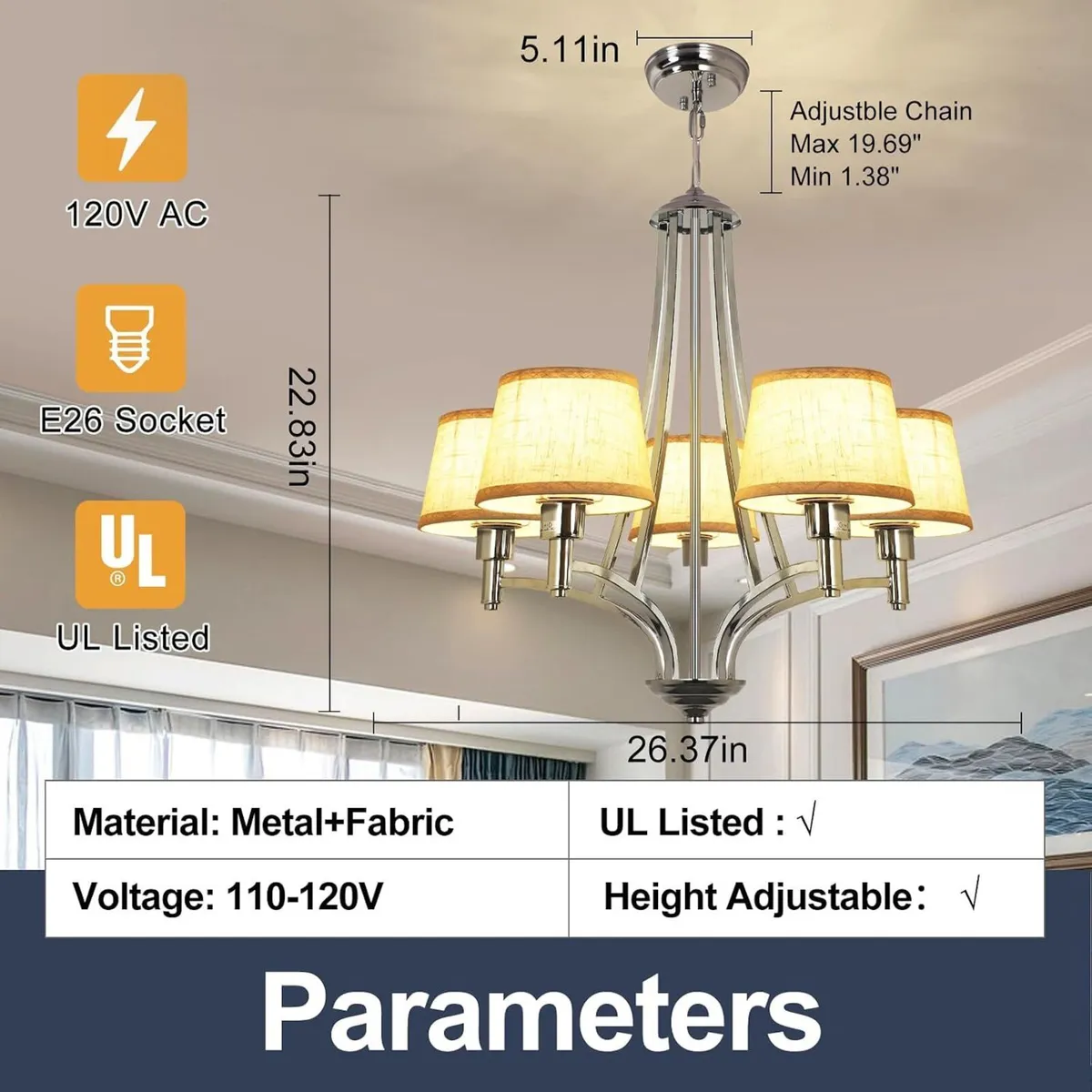 5-Light Brushed Nickel Chandelier with Shade 26" - Image 3