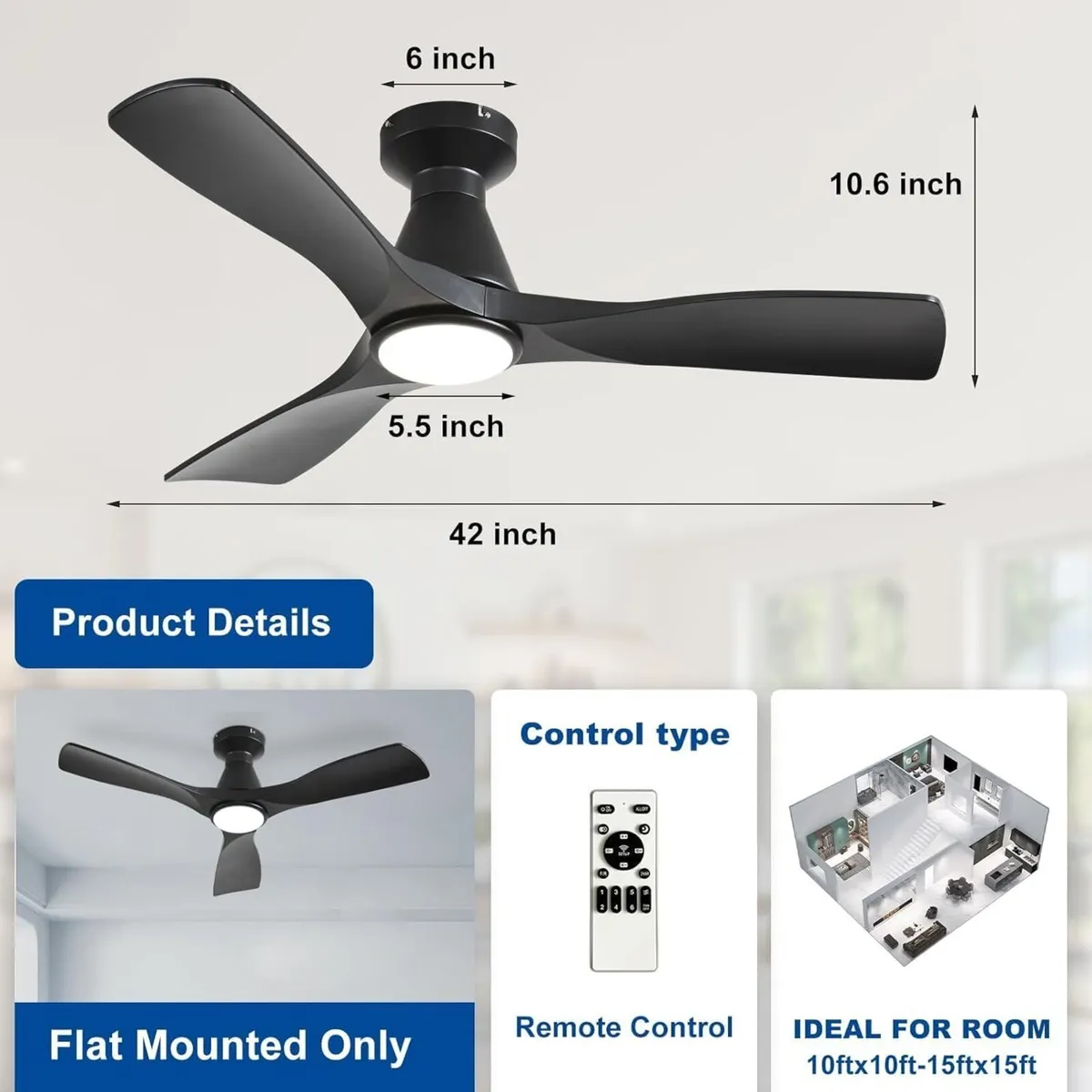 42-Inch Ceiling Fans with Lights: 3 Blade Flush - Image 3