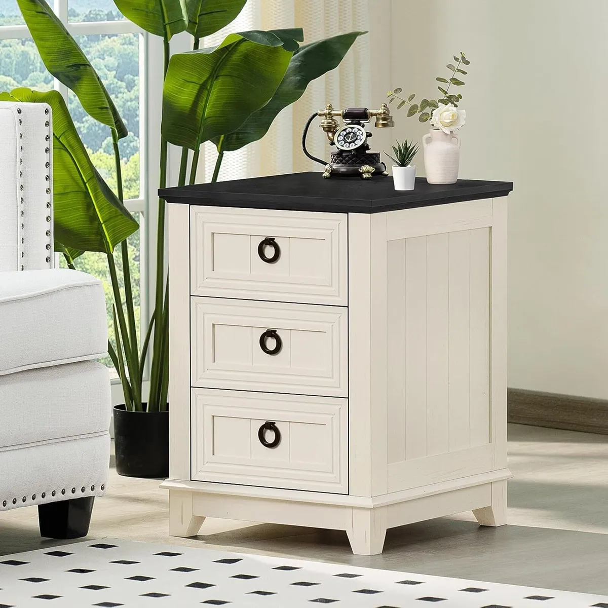Rustic Farmhouse Bedside Table 3 Drawers Wooden - Image 1