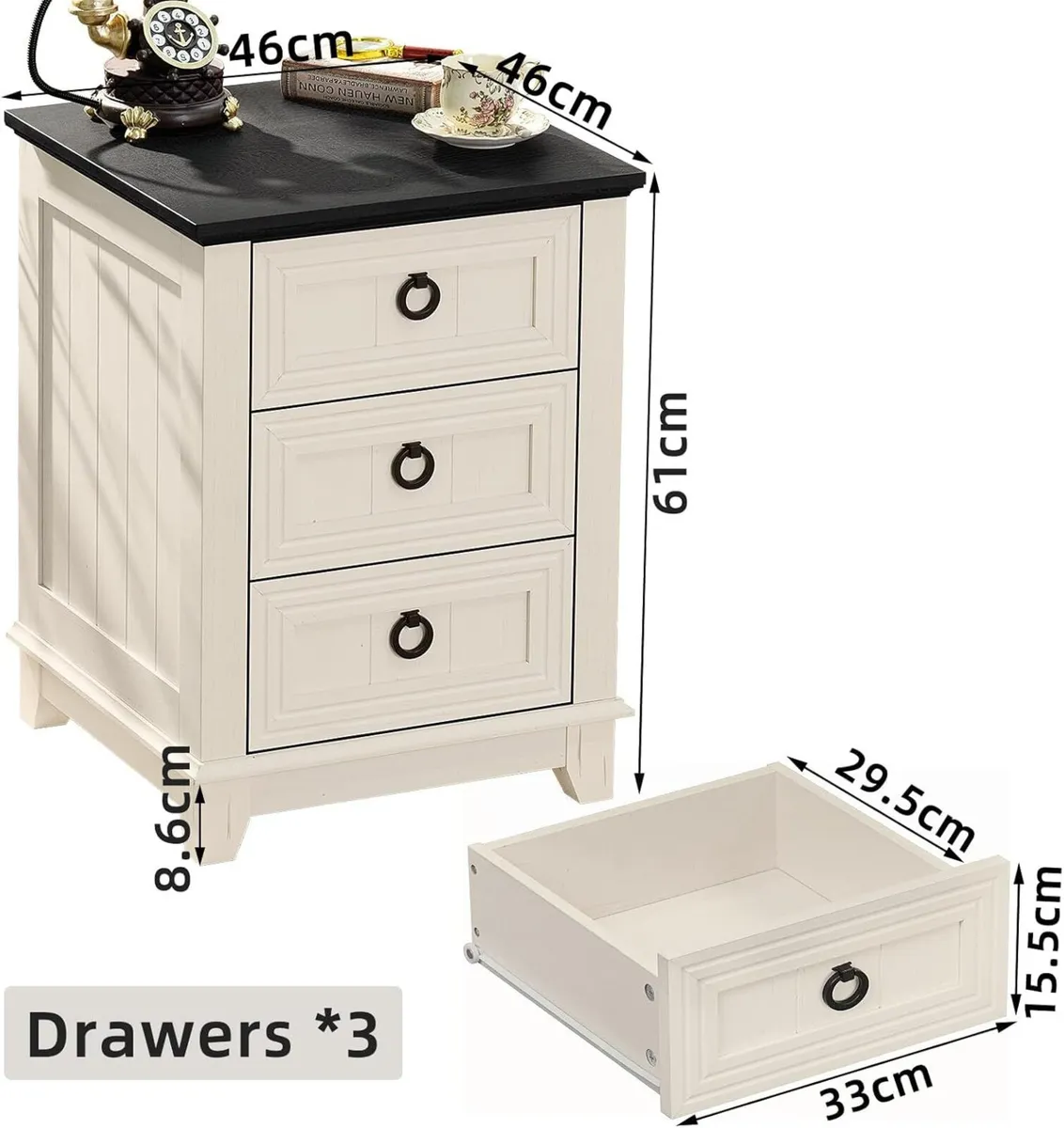 Rustic Farmhouse Bedside Table 3 Drawers Wooden - Image 2