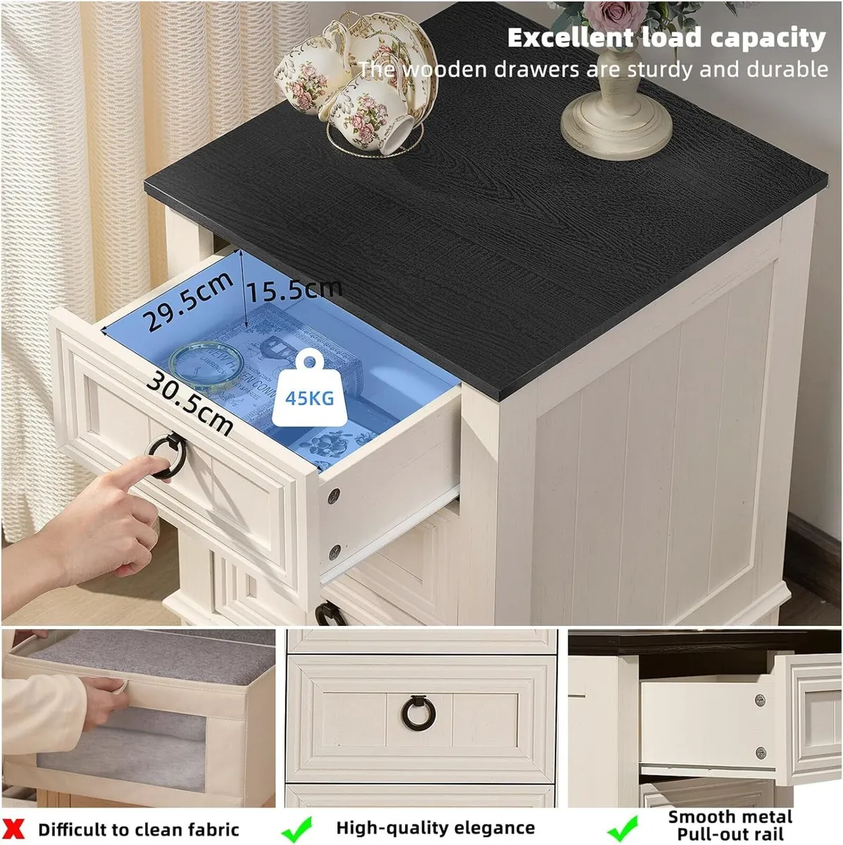 Rustic Farmhouse Bedside Table 3 Drawers Wooden - Image 3
