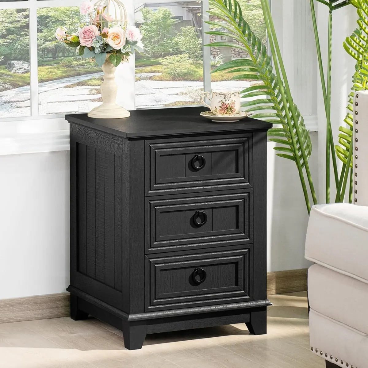 Rustic Farmhouse Bedside Table 3 Drawers Wooden - Image 1