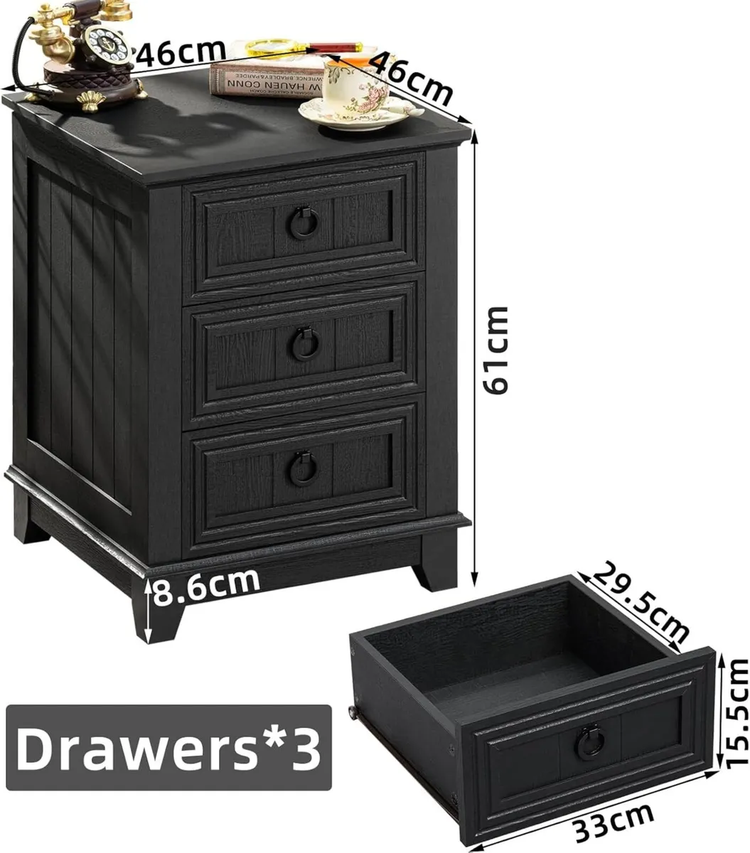 Rustic Farmhouse Bedside Table 3 Drawers Wooden - Image 2