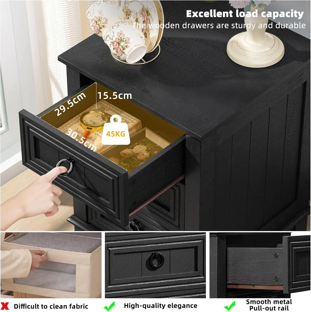 Rustic Farmhouse Bedside Table 3 Drawers Wooden - Image 3
