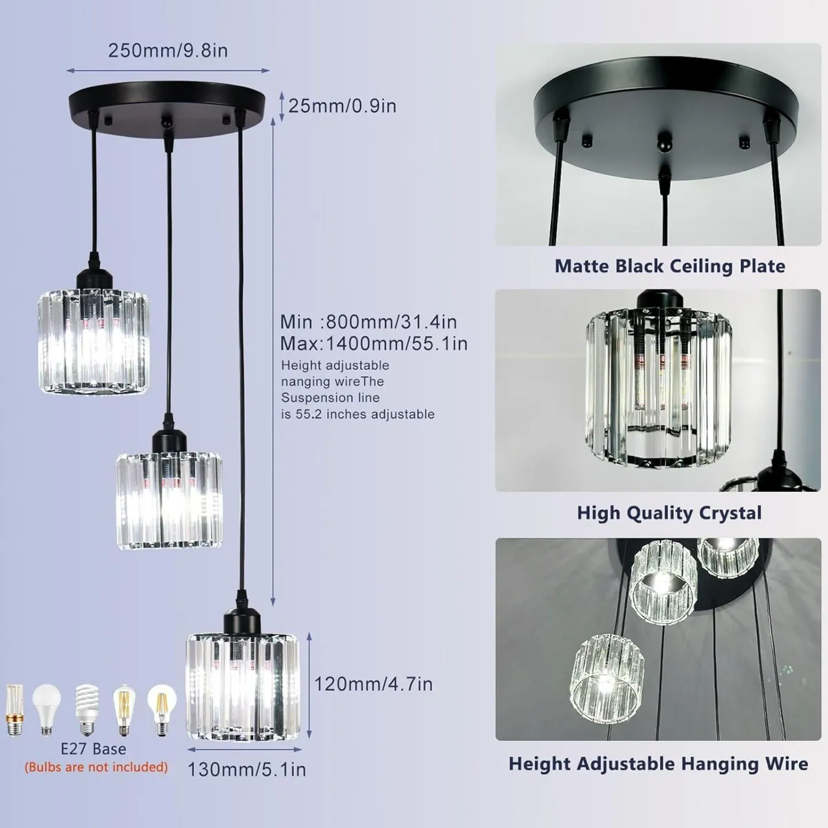 3-Light Crystal Pendant Light E27 Adjustable Drop - Image 4