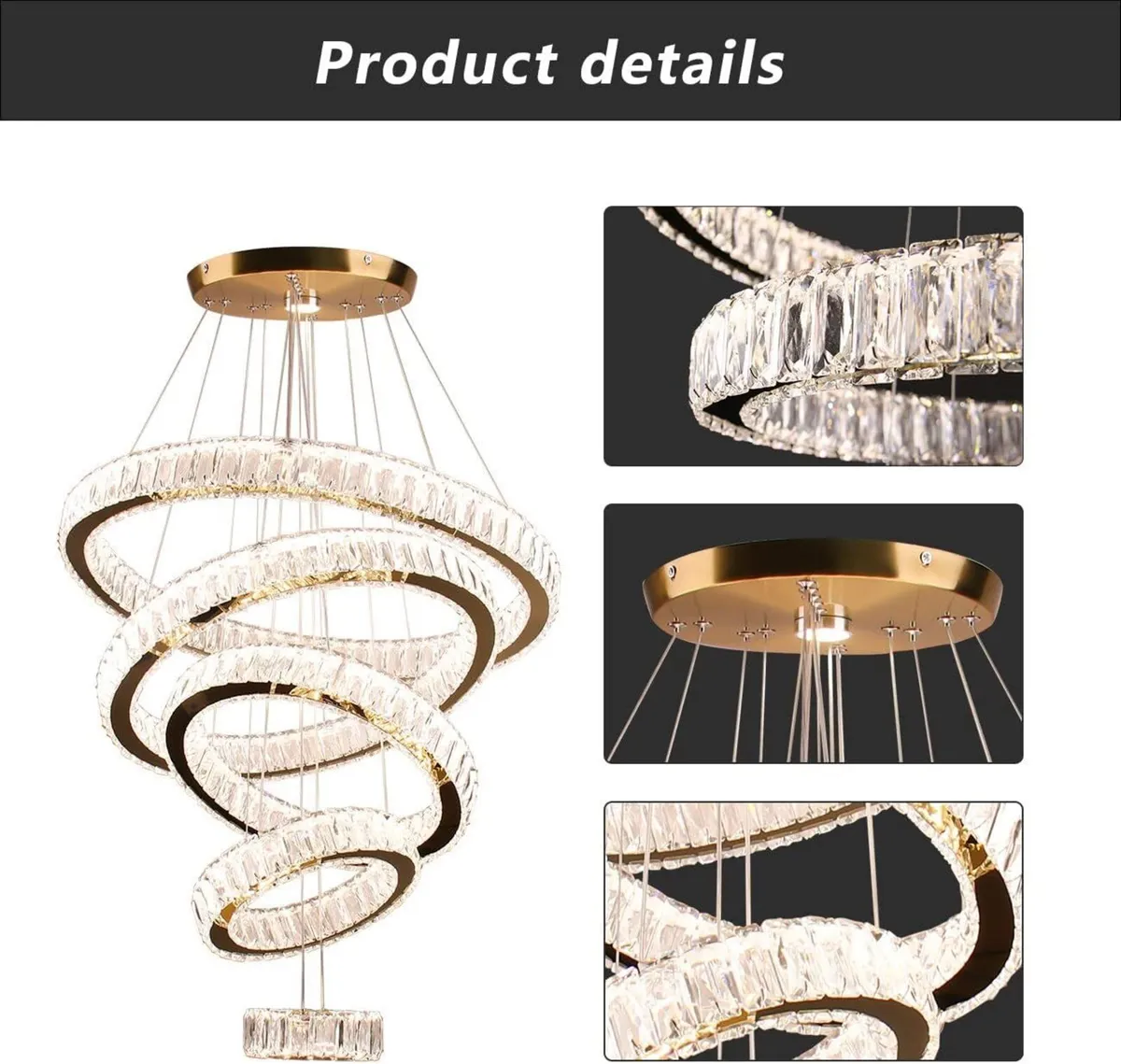 5-Ring LED Crystal Chandelier Ceiling Light 2700K - Image 3