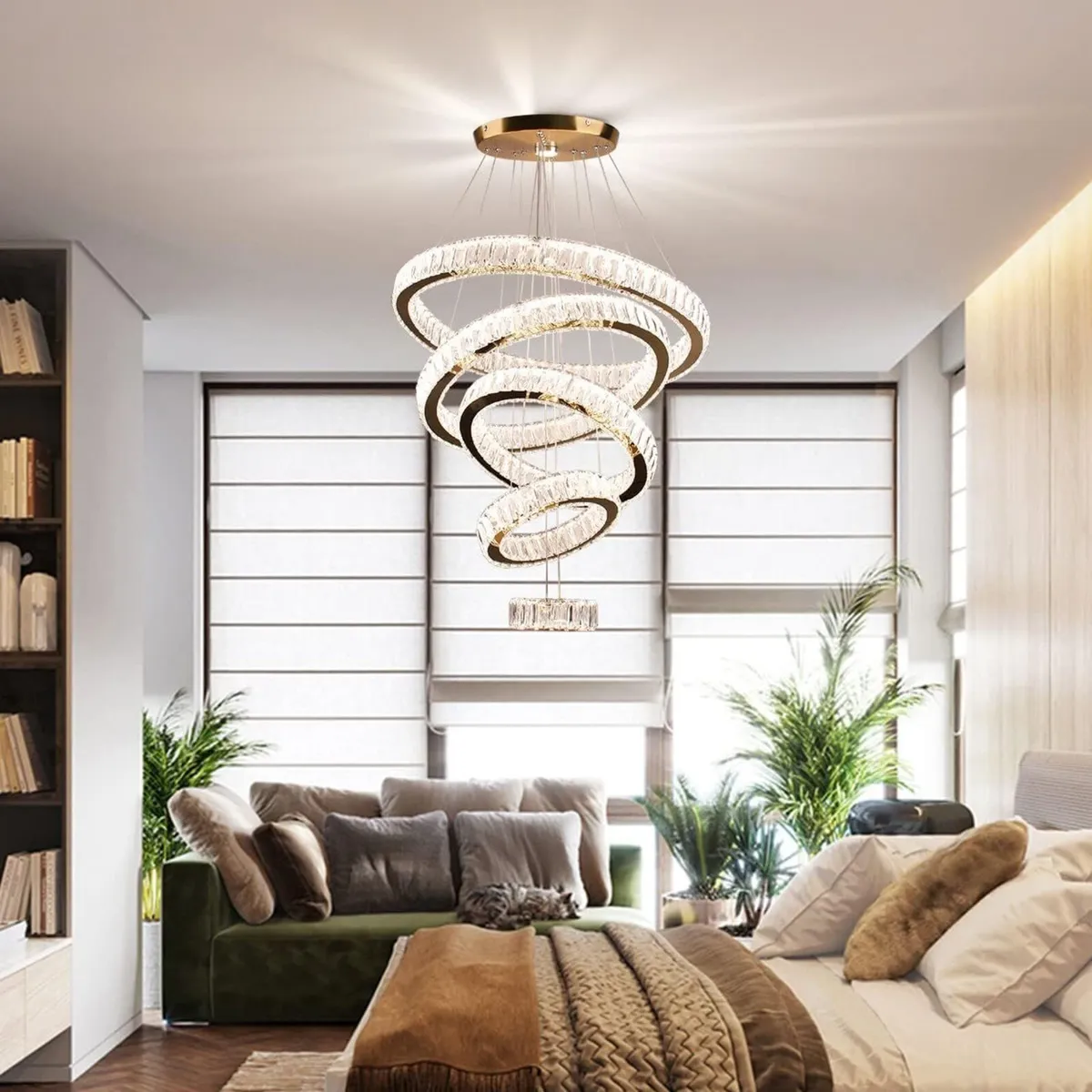 5-Ring LED Crystal Chandelier Ceiling Light 2700K - Image 4
