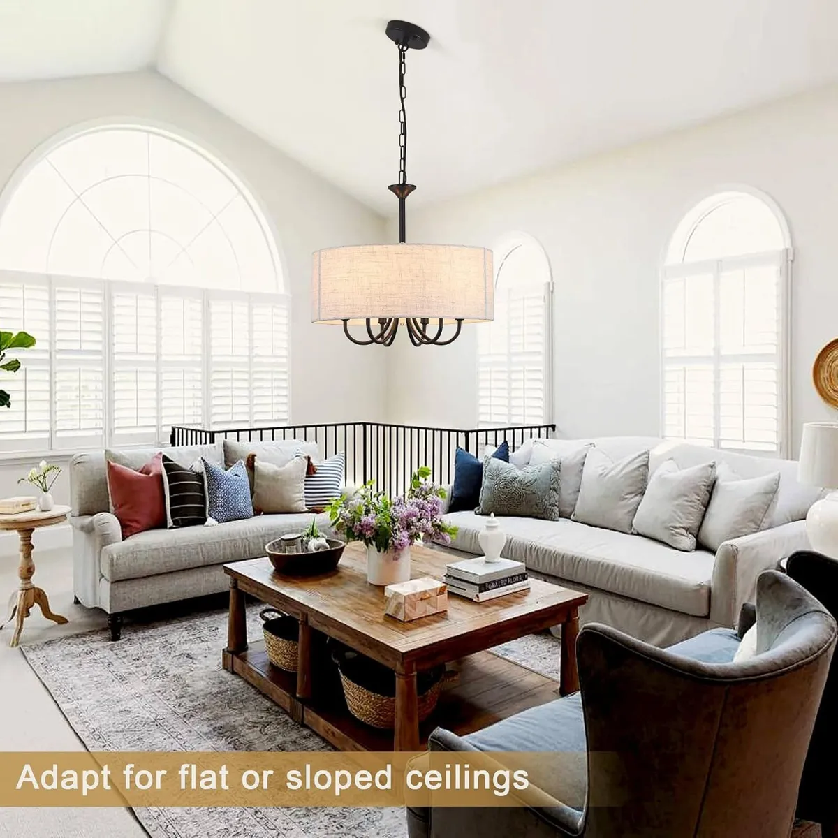 6- Chandelier Living Room Metal Drum Fabric Shade - Image 4