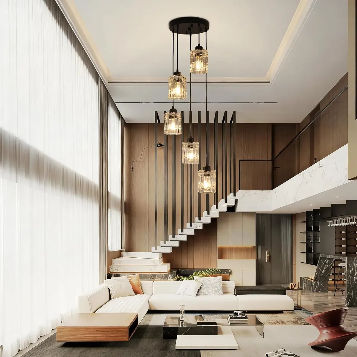 5-Light Long Crystal Pendant Chandelier for High - Image 1