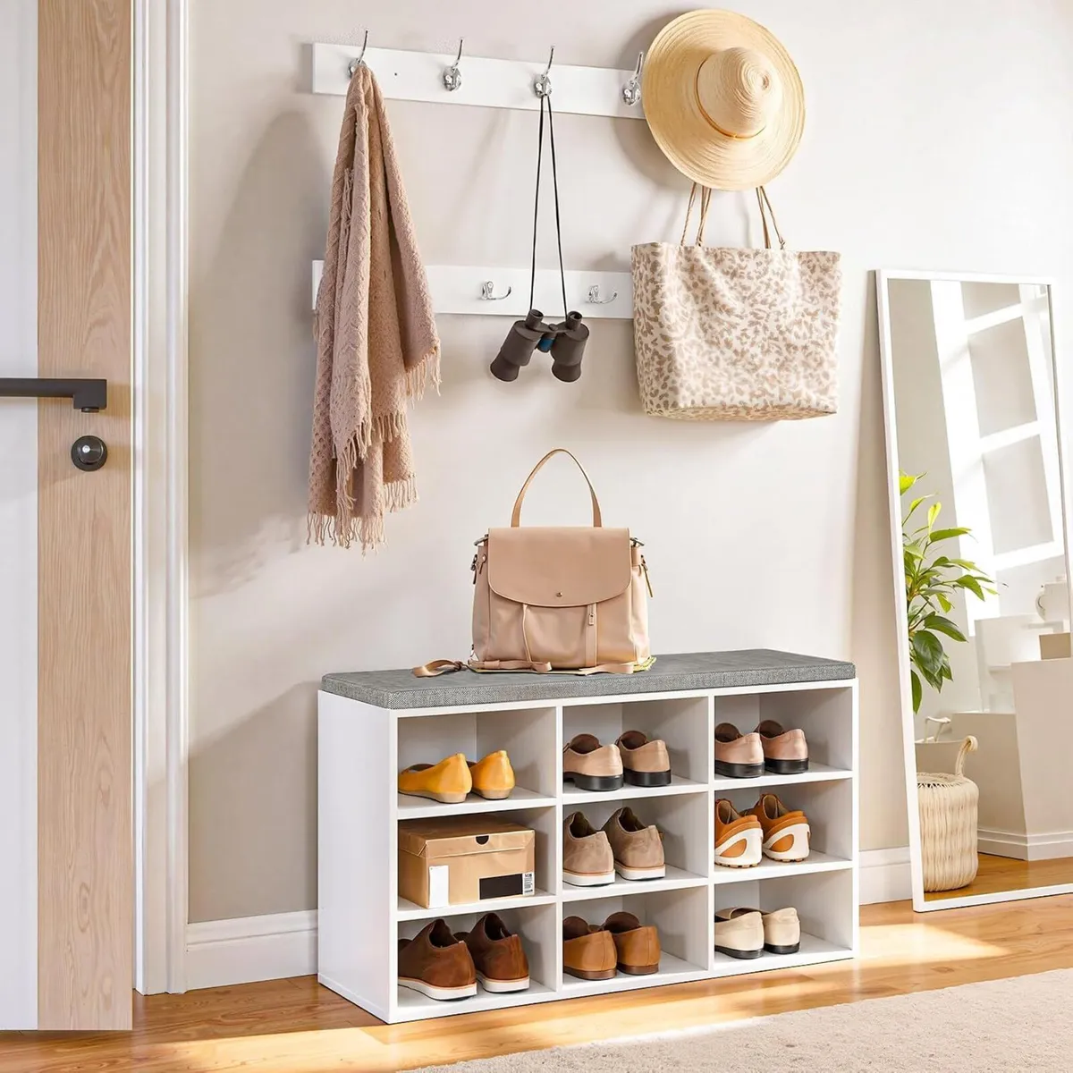 Shoe Storage Bench with Cushion and Coat Hooks - Image 2
