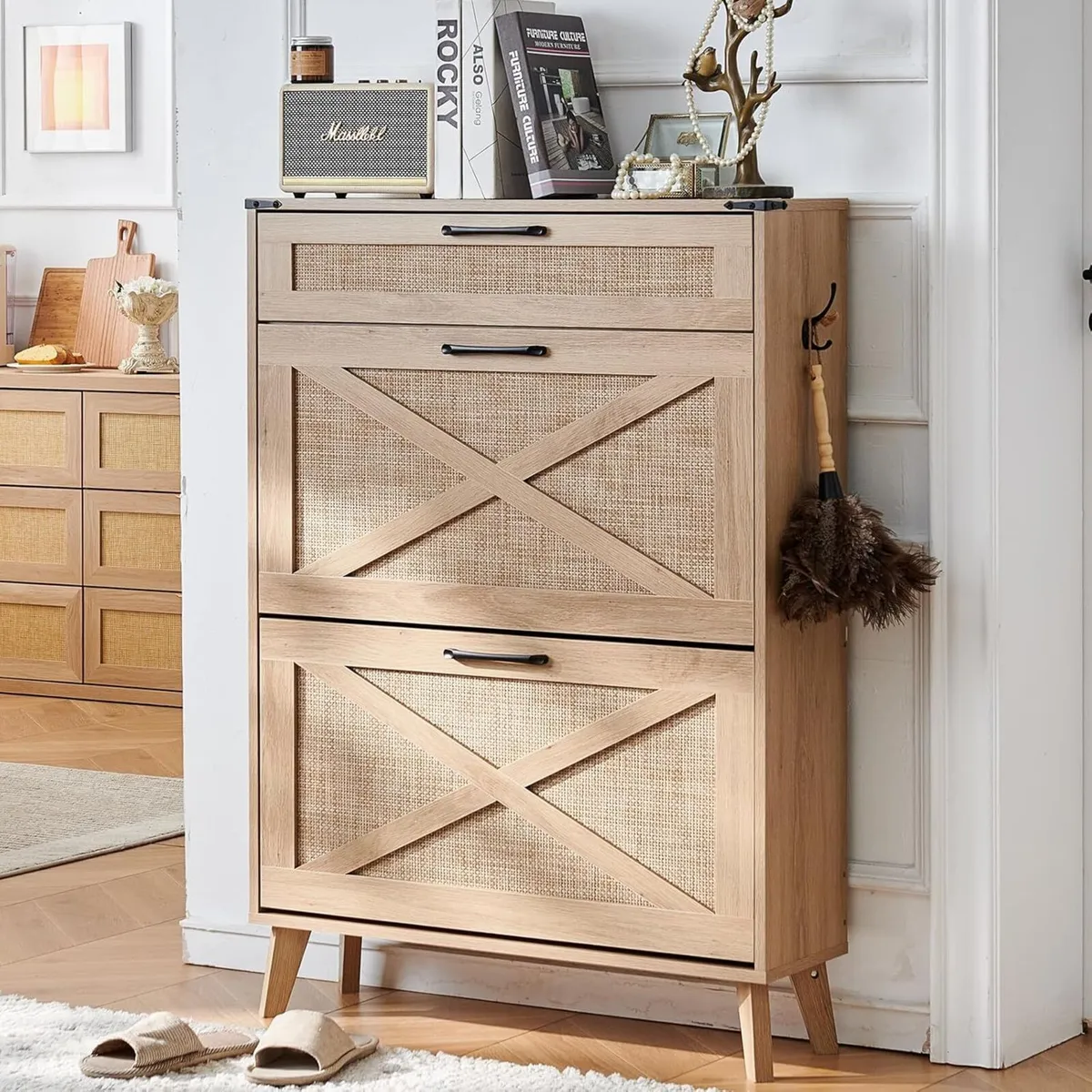 Rattan Slim Narrow Shoe Storage with 2 Flip - Image 1