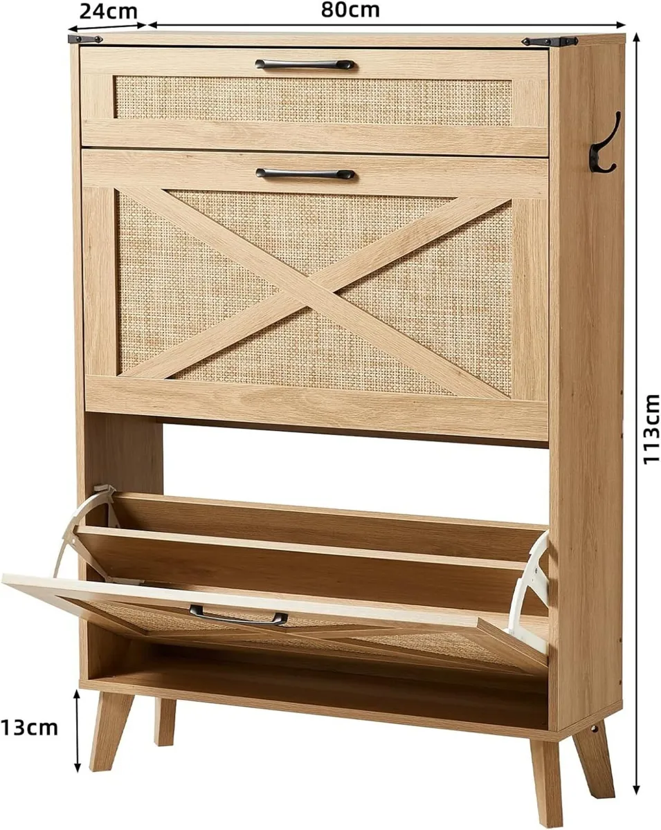 Rattan Slim Narrow Shoe Storage with 2 Flip - Image 2