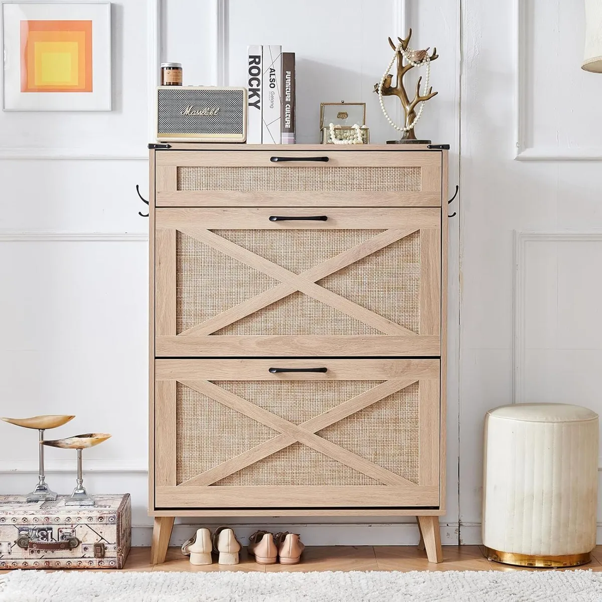 Rattan Slim Narrow Shoe Storage with 2 Flip - Image 3