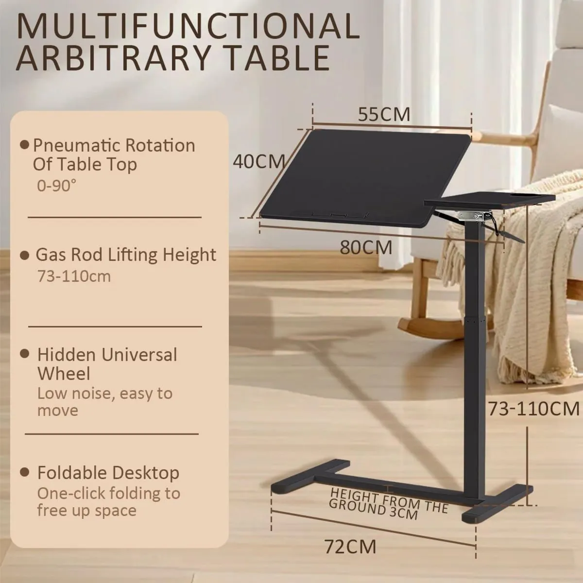 Overbed Table with Wheels Solid Wood Folding - Image 3