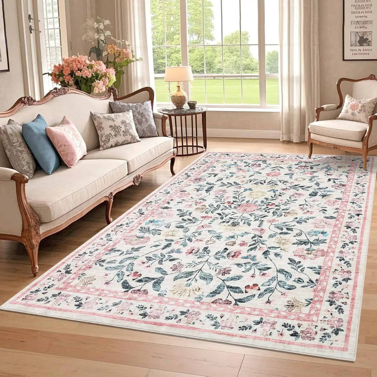 Floral Living Room Rug Washable Low - Image 1