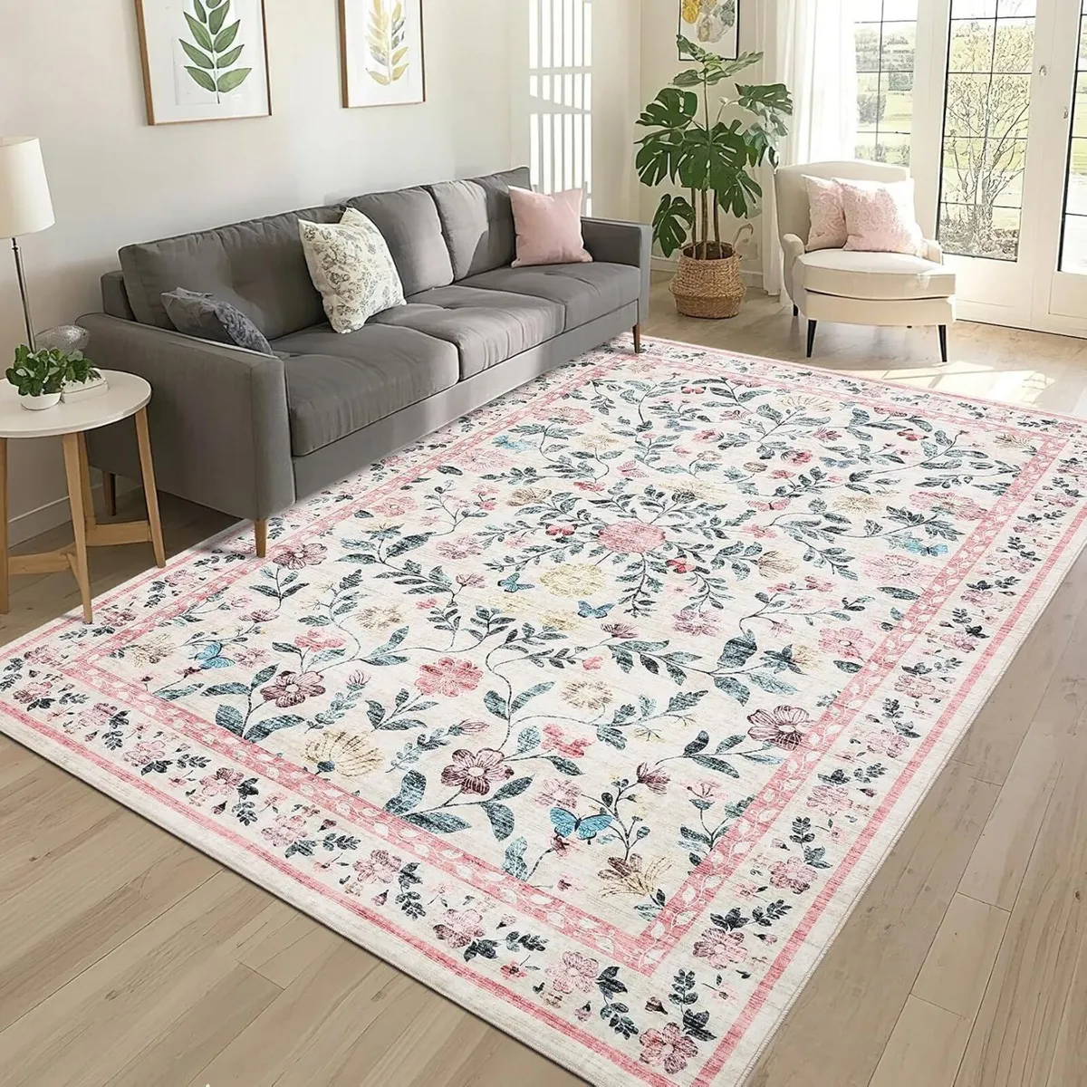 Floral Living Room Rug Washable Low - Image 3