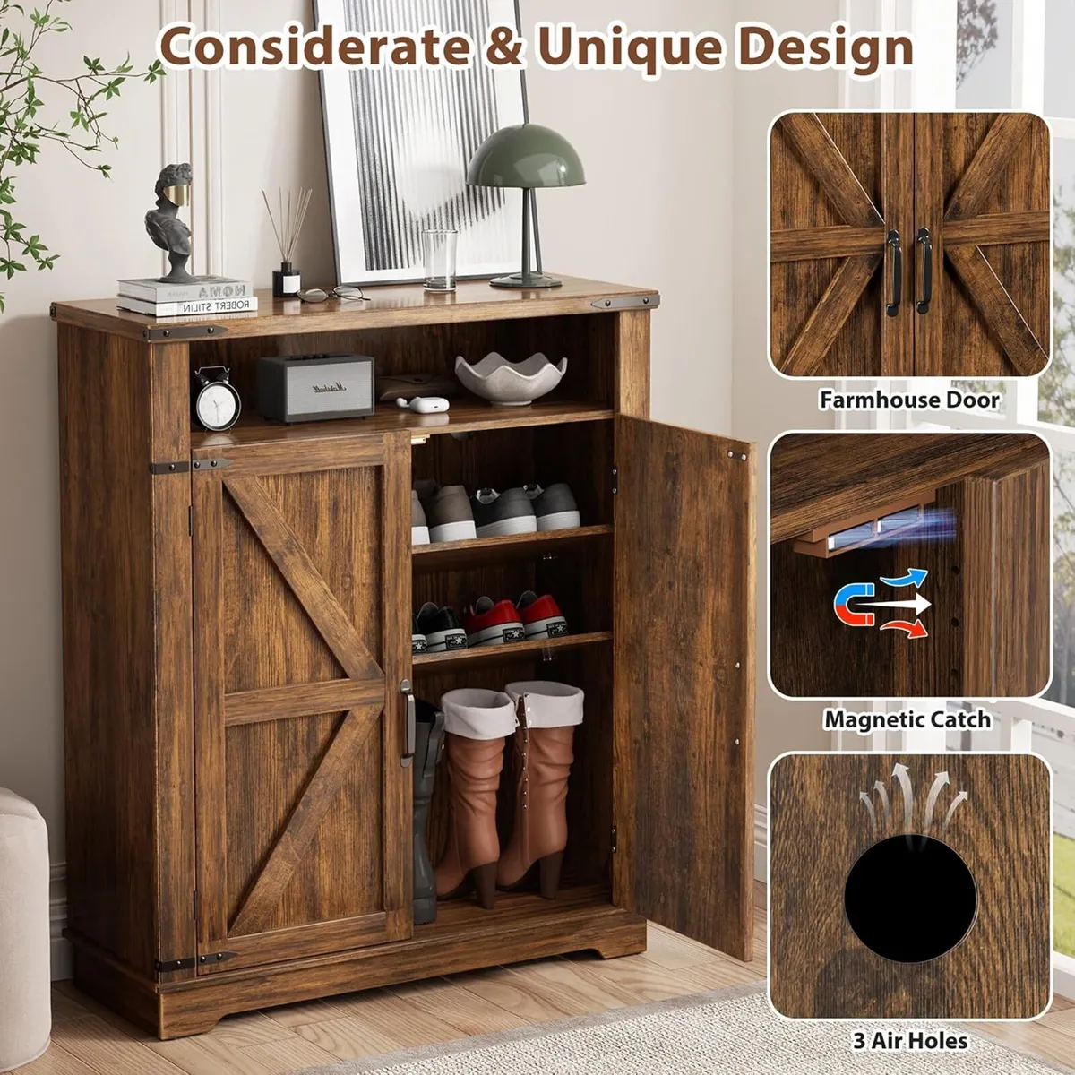 Shoe Cabinet with 2 Doors Farmhouse Style Storage - Image 3