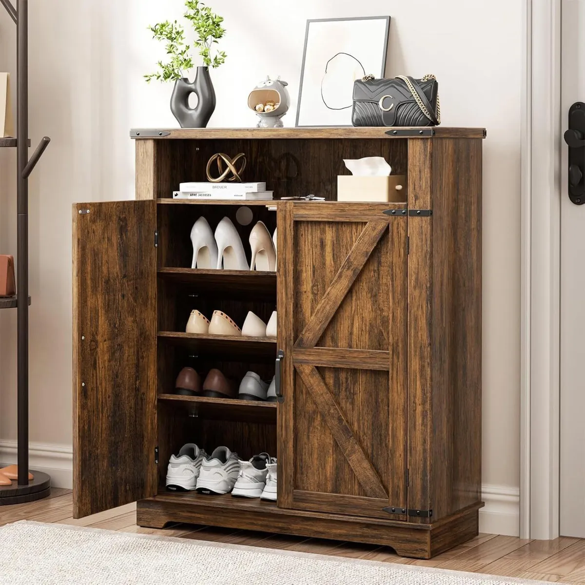 Shoe Cabinet with 2 Doors Farmhouse Style Storage - Image 1