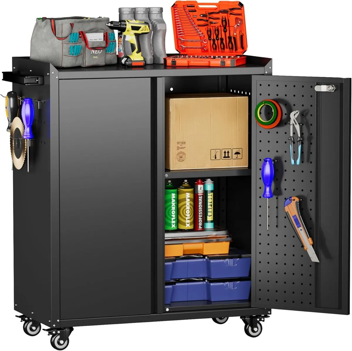 Metal Tool Cabinet with Wheels Pegboard - Image 1