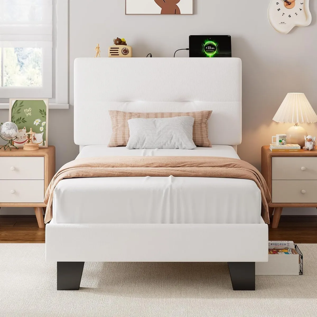 Bed Frame with Charging Station Velvet - Image 1