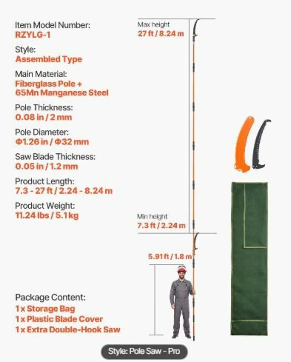 Manual Pole Saw, 2.2 - 8.2 m Extendable Tree - Image 2
