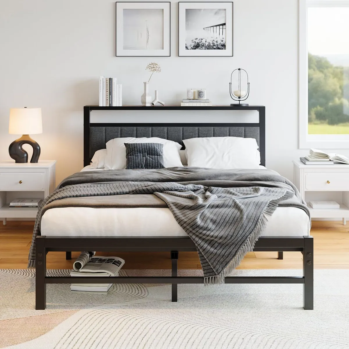 Bed Frame with Storage Headboard Metal - Image 1