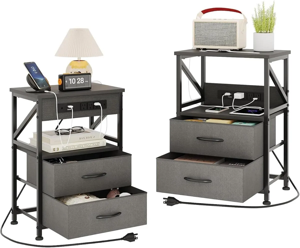 2 Pcs Bedside Table with Power Strip Cabinet - Image 1