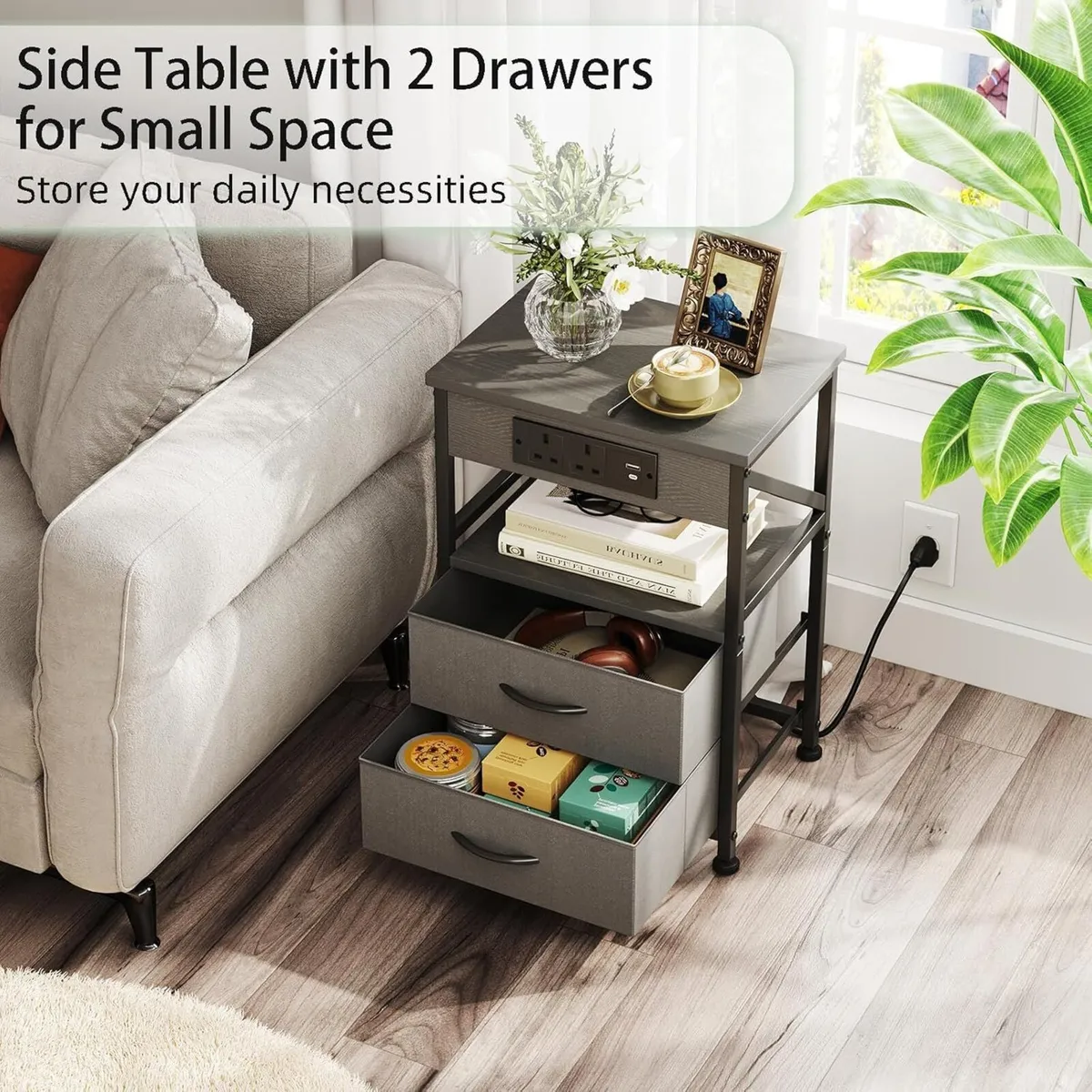 2 Pcs Bedside Table with Power Strip Cabinet - Image 3