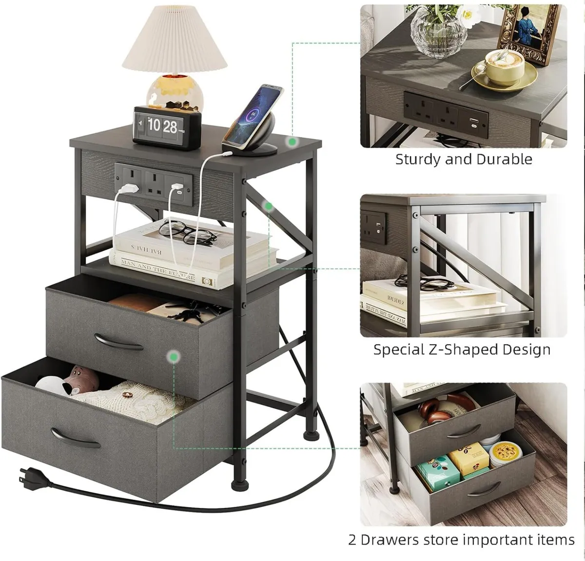 2 Pcs Bedside Table with Power Strip Cabinet - Image 4