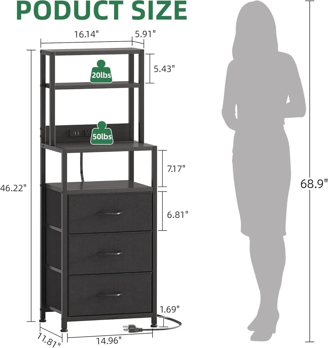 Bedside Table with Charging Station and LED Tall - Image 3
