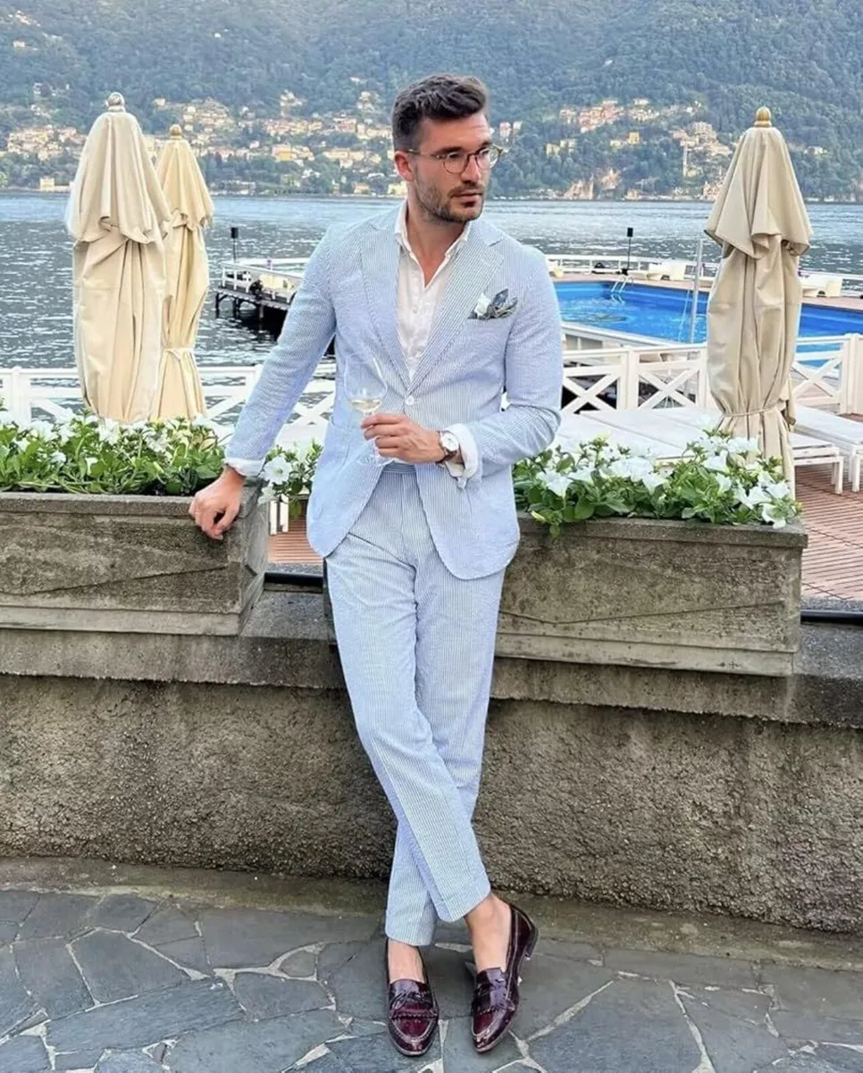 Male 44L  2 Piece Light Blue White Suit For Men. - Image 1