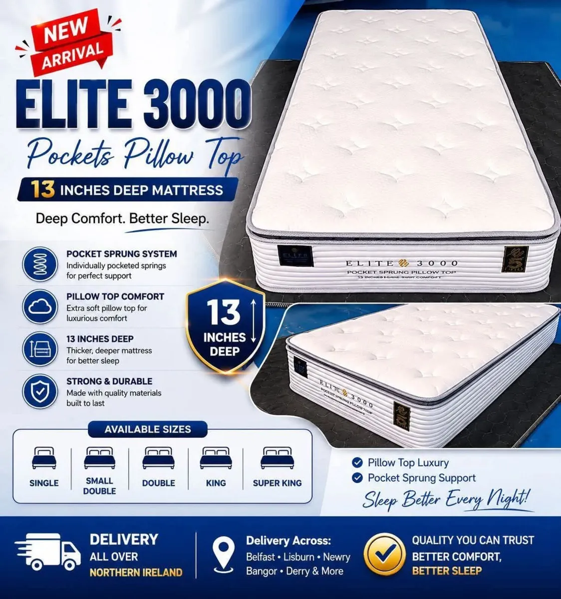 Elite 3000 pocket pillow top 13 inches deep mattre - Image 2