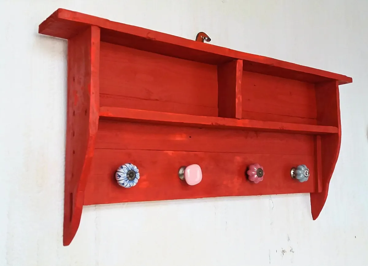 Rustic cubby box floating shelf display with hooks - Image 1