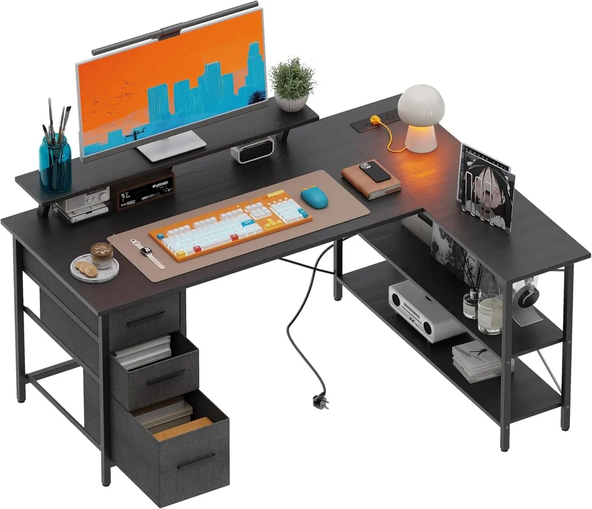 Corner Computer Desk with Drawers Reversible L - Image 1