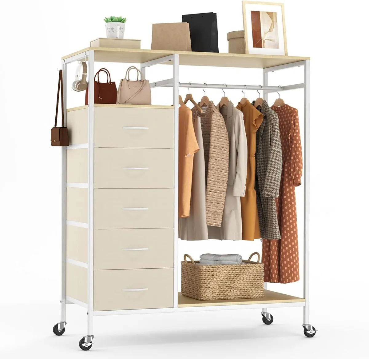 Rolling Coat Rack with 5 Drawers Mobile Closet - Image 1