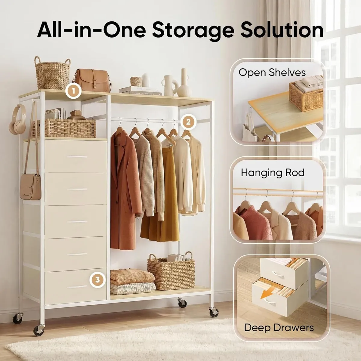 Rolling Coat Rack with 5 Drawers Mobile Closet - Image 2