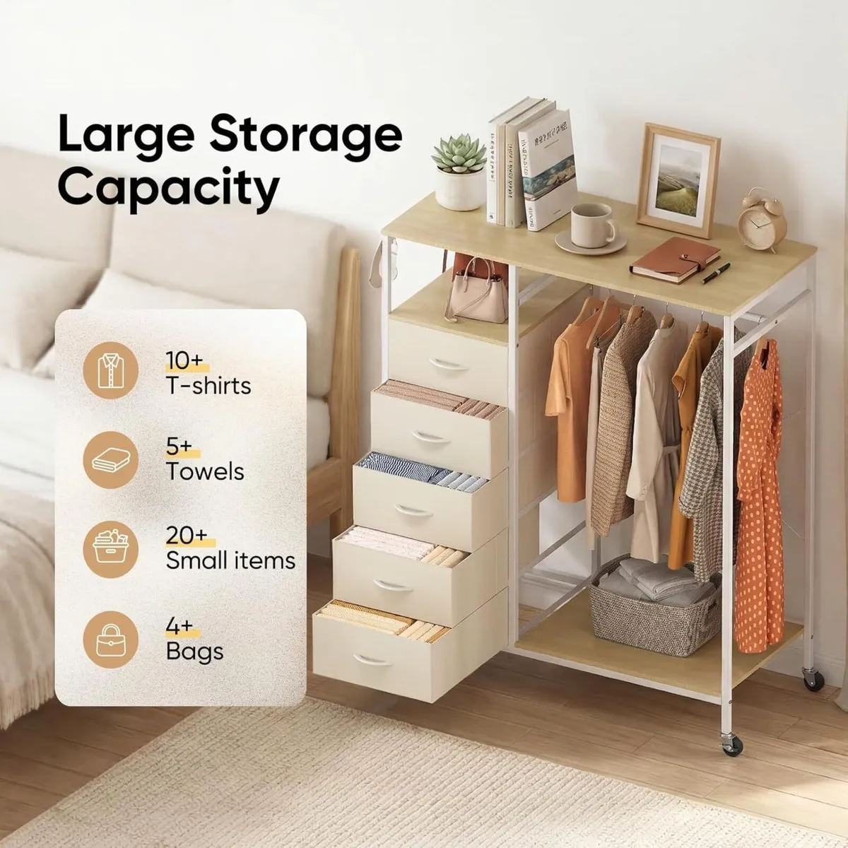 Rolling Coat Rack with 5 Drawers Mobile Closet - Image 3