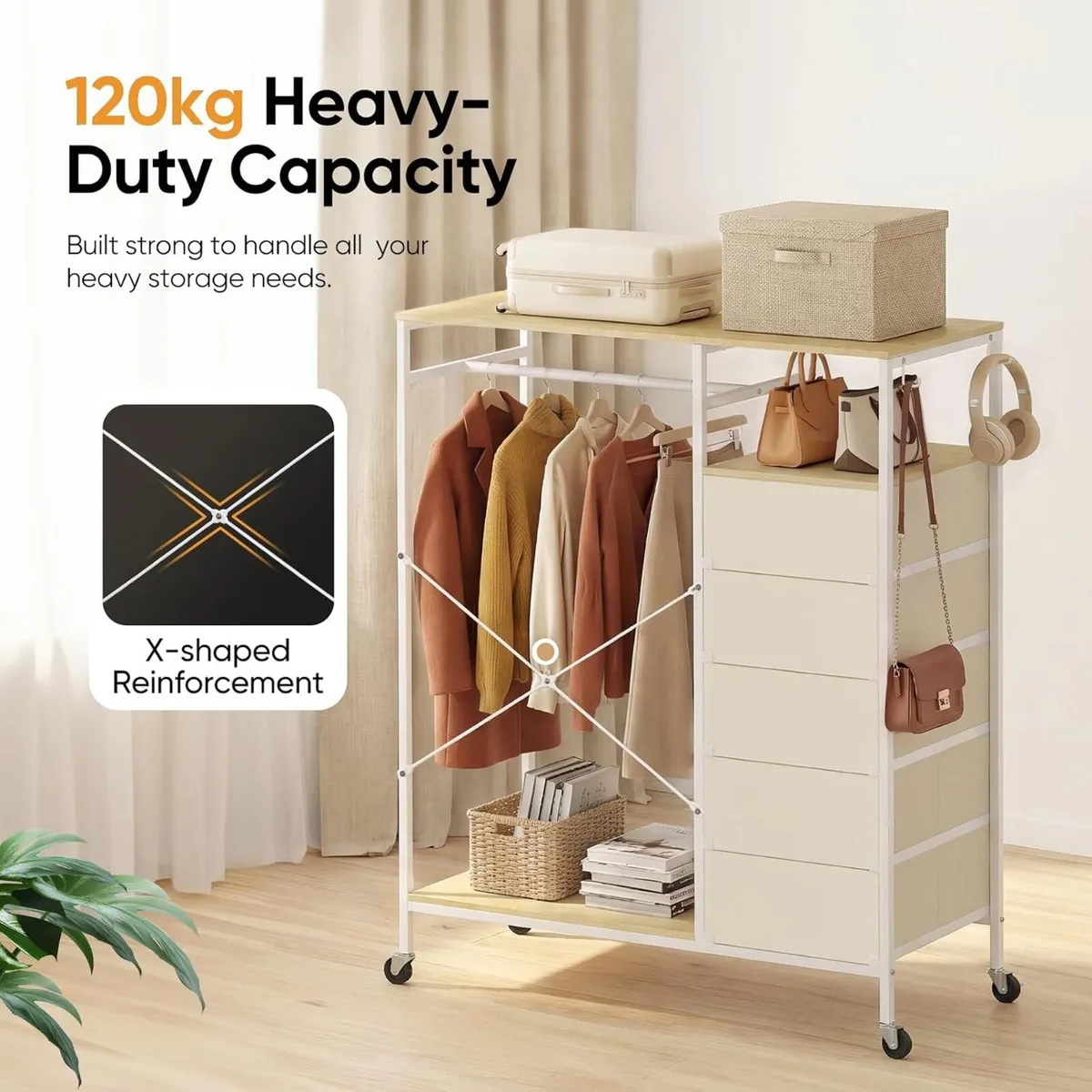 Rolling Coat Rack with 5 Drawers Mobile Closet - Image 4