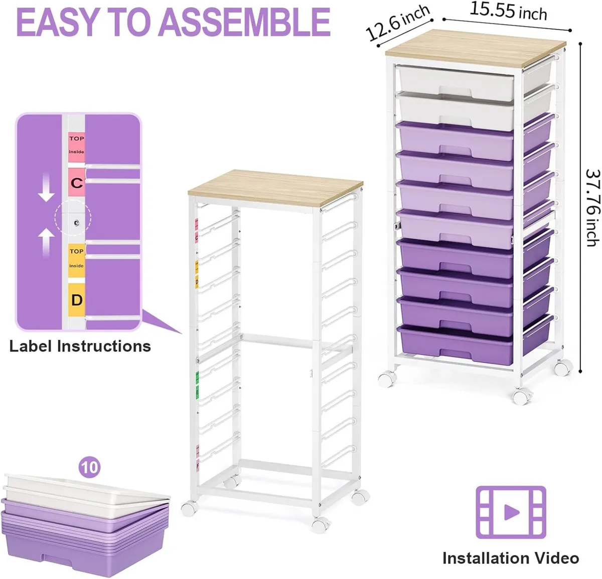 10-Drawer Storage Trolley Rolling Cart - Image 3