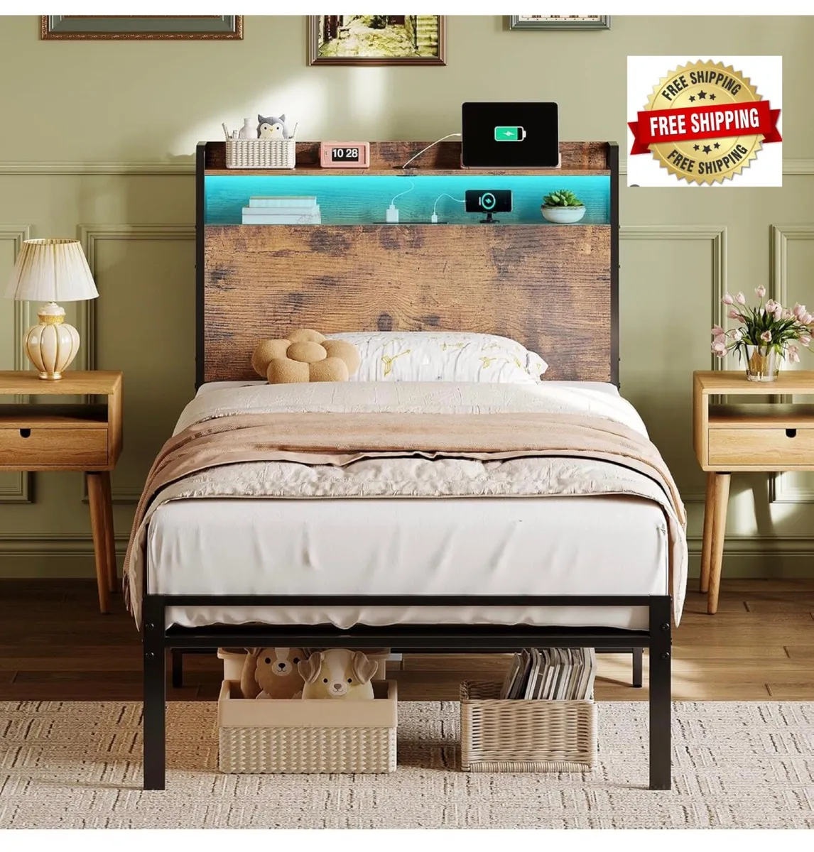 3ft Single Bed Frame with Storage Wooden Headboard - Image 1