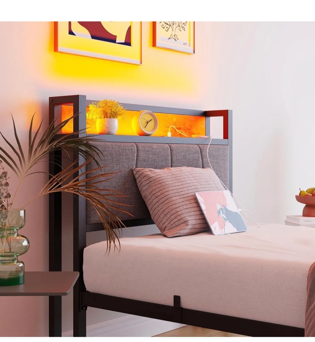3ft Single Bed Frame with Storage Headboard,LED Li - Image 4
