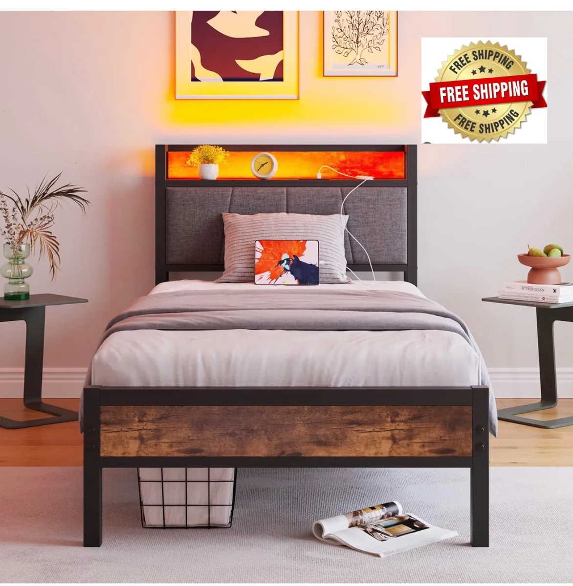 3ft Single Bed Frame with Storage Headboard,LED Li - Image 1