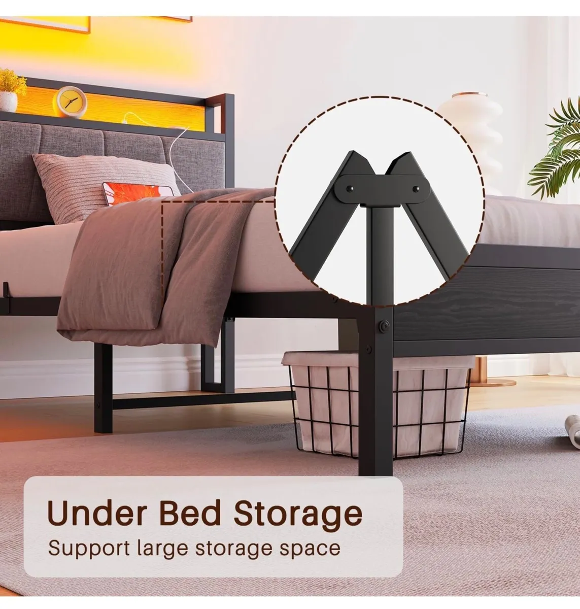 3ft Single Bed Frame with Storage Headboard,LED Li - Image 2