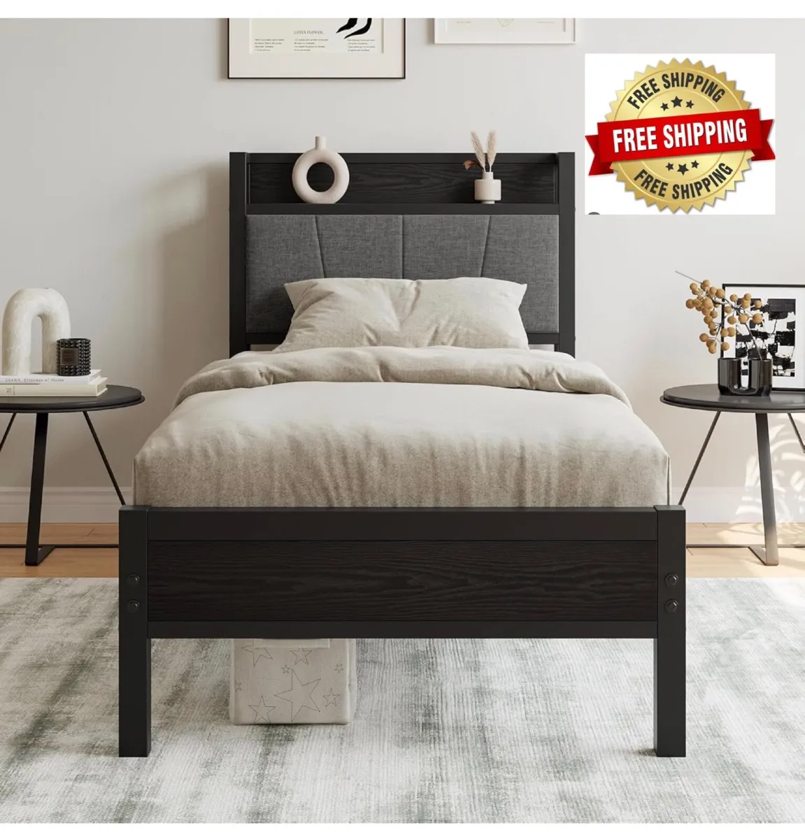 3ft Single Bed Frame with Storage Headboard,Heavy - Image 1
