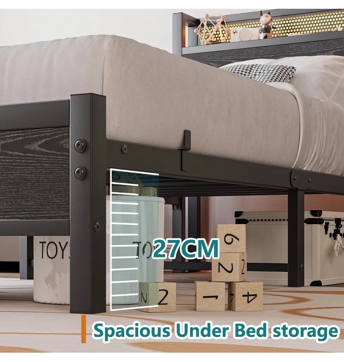 3ft Single Bed Frame with Storage Headboard Shelf, - Image 2