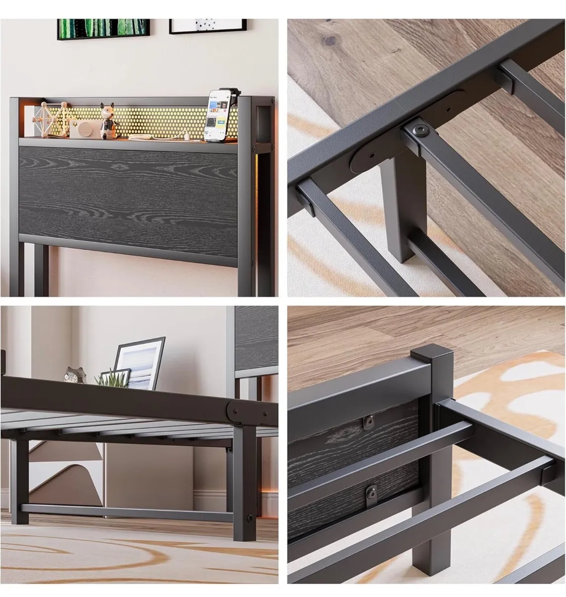 3ft Single Bed Frame with Storage Headboard Shelf, - Image 3