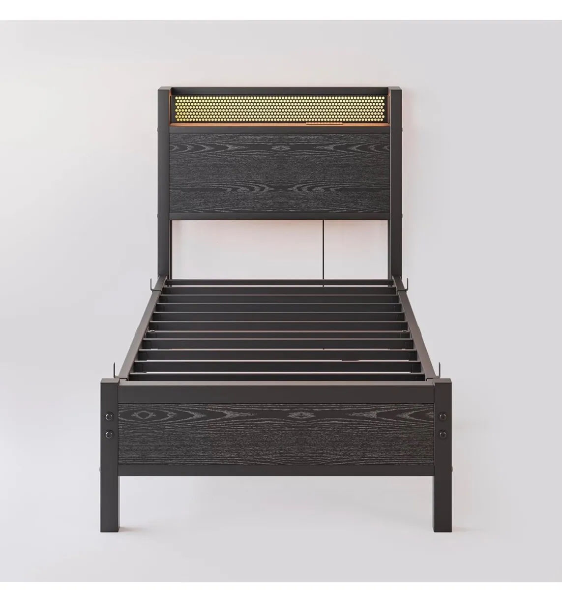 3ft Single Bed Frame with Storage Headboard Shelf, - Image 4