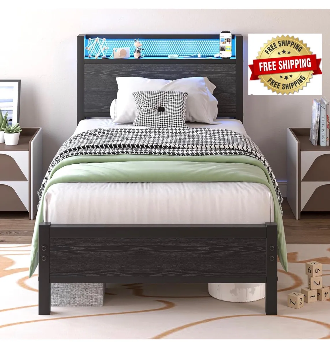 3ft Single Bed Frame with Storage Headboard Shelf, - Image 1